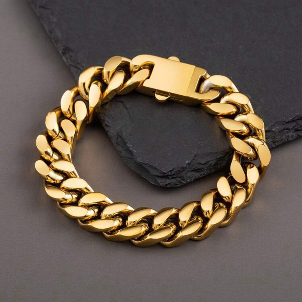 Women Gold 13mm Wide Stainless Steel Miami Curb Chain Bracelet - Picture 2 of 7